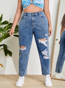 SHEIN ICON Plus High Waist Ripped Mom Fit Jeans - Medium Wash - View 3