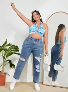 SHEIN ICON Plus High Waist Ripped Mom Fit Jeans - Medium Wash - View 4