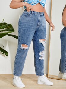 SHEIN ICON Plus High Waist Ripped Mom Fit Jeans - Medium Wash - View 5