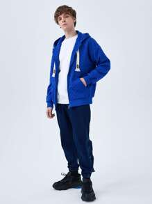 Men Zip Up Drawstring Hooded Jacket - Royal Blue - View 3