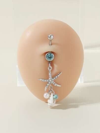 ROMWE Kawaii 1pc Stainless Steel Starfish & Shell Decor Navel Belly Ring Body Jewelry Gift, Stainless Steel Jewelry