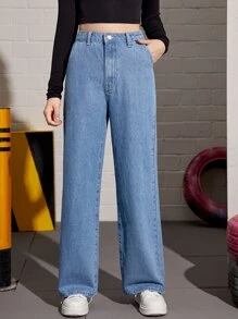 SHEIN 青少年女孩斜口袋直筒牛仔褲 - 中等水洗藍 - 查看 1