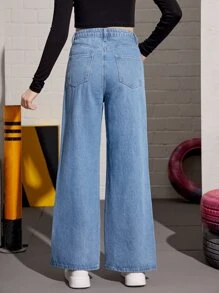 SHEIN 青少年女孩斜口袋直筒牛仔褲 - 中等水洗藍 - 查看 2