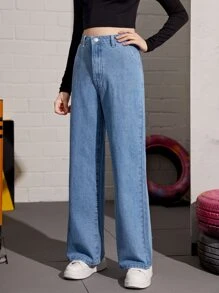 SHEIN 青少年女孩斜口袋直筒牛仔褲 - 中等水洗藍 - 查看 3