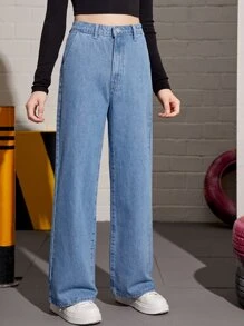 SHEIN 青少年女孩斜口袋直筒牛仔褲 - 中等水洗藍 - 查看 4