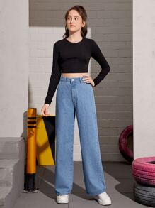 SHEIN 青少年女孩斜口袋直筒牛仔褲 - 中等水洗藍 - 查看 5