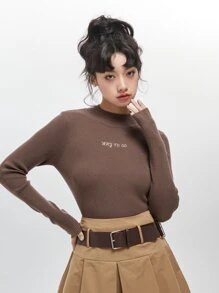 DAZY Áo len cổ tròn thêu khẩu hiệu mùa thu - Cà phê nâu - Xem 3