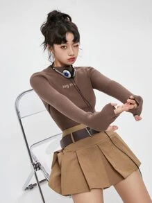 DAZY Áo len cổ tròn thêu khẩu hiệu mùa thu - Cà phê nâu - Xem 4