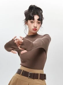 DAZY Áo len cổ tròn thêu khẩu hiệu mùa thu - Cà phê nâu - Xem 2