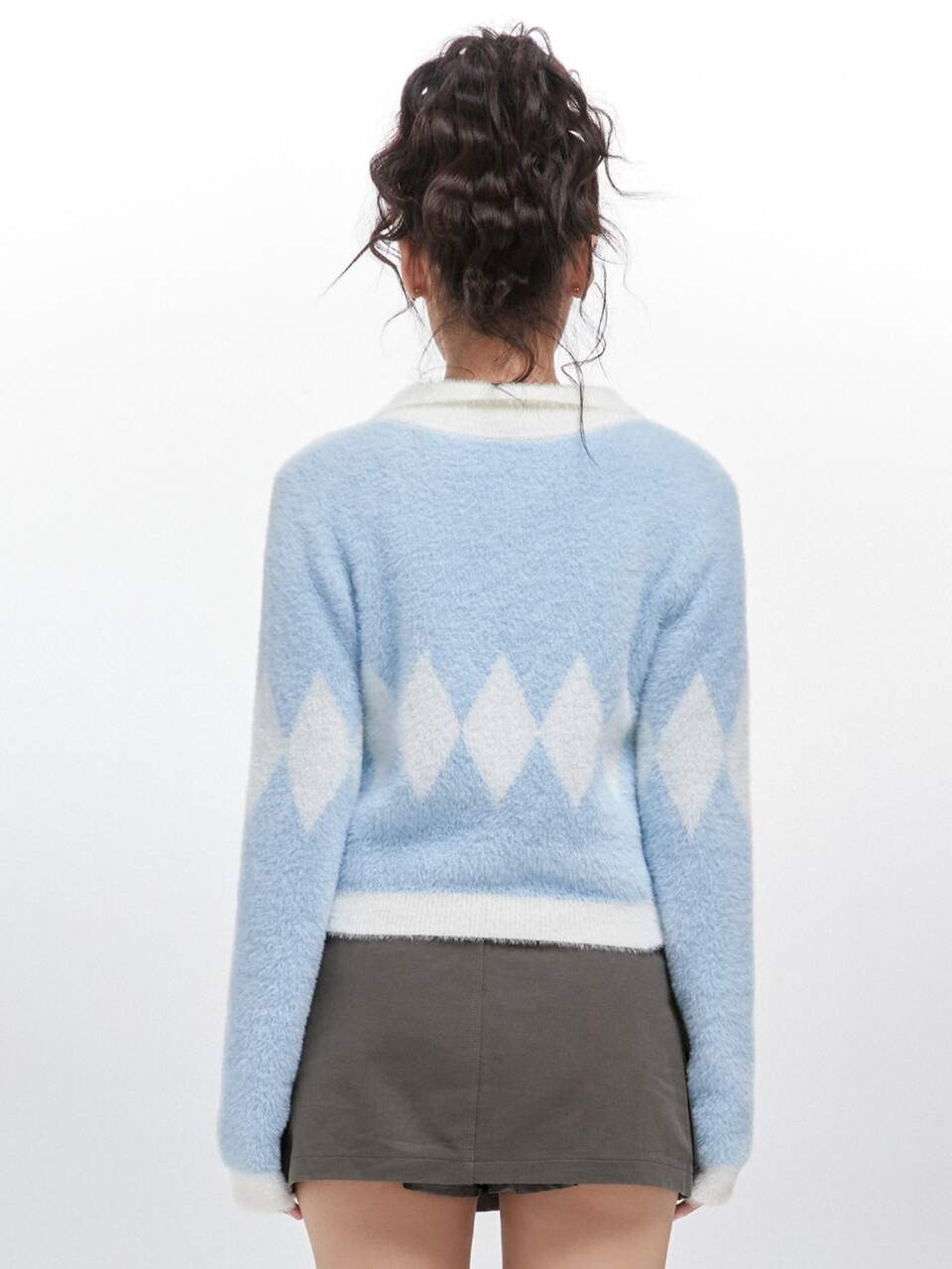 Argyle Pattern Collared Fluffy Knit Sweater