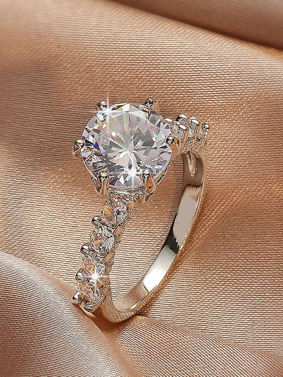 方晶鋯石裝飾戒指 - 銀色 - 查看 1