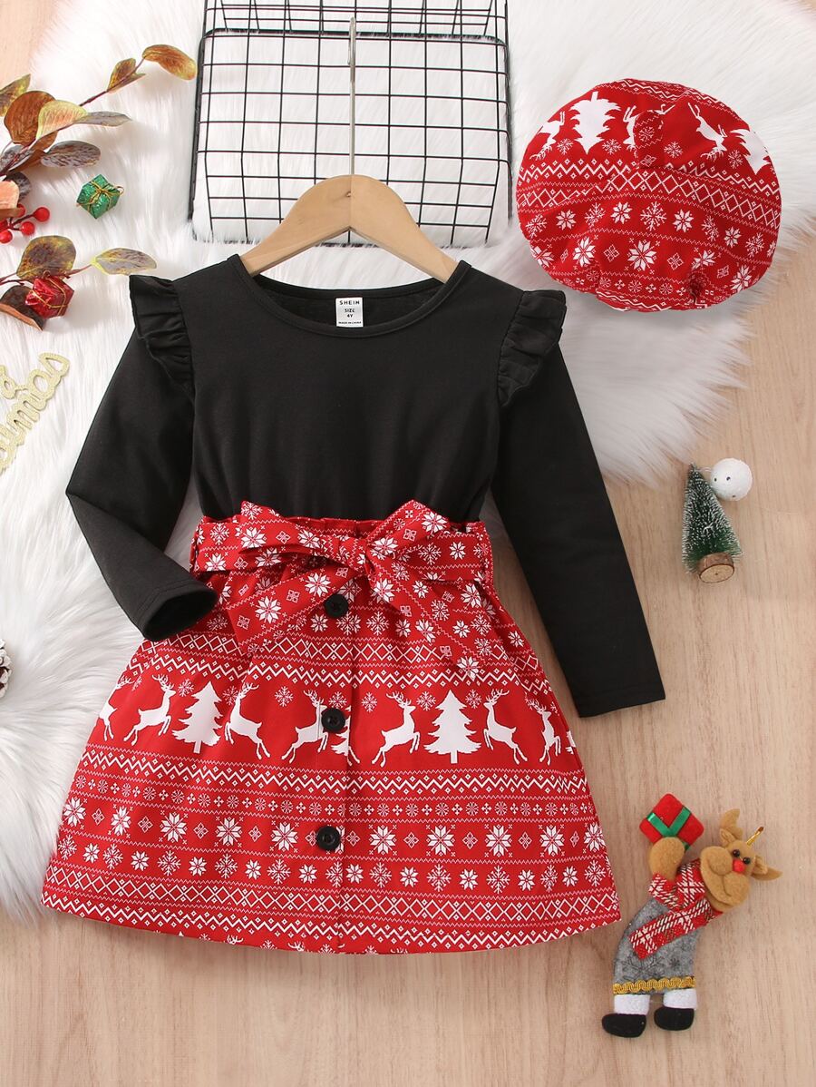 小女童聖誕圖案荷葉邊繫腰帶洋裝和帽