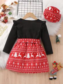 小女童聖誕圖案荷葉邊繫腰帶洋裝和帽