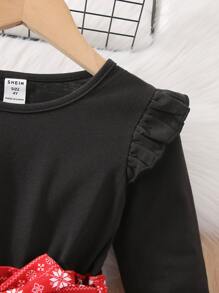 小女童聖誕圖案荷葉邊繫腰帶洋裝和帽