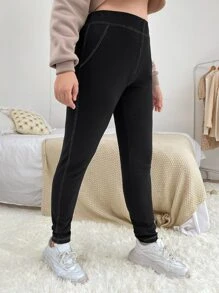 SHEIN EZwear Plus Top-stitching Skinny Pants - Black - View 4