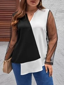 SHEIN Clasi 大碼雙色網紗拼接襯衫 - 黑與白 - 查看 1
