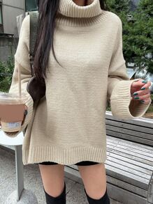 DAZY 高领落肩超大毛衣，秋季女装 - 卡其色 - 查看 5