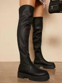 SHUZIA Faux Leather Round Toe Over The Knee Booties - Black - View 4