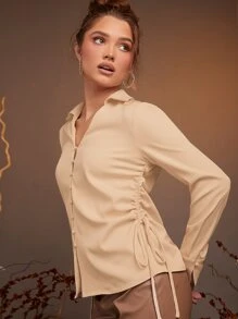 SHEIN Solid Drawstring Side Shirt - Apricot - View 1