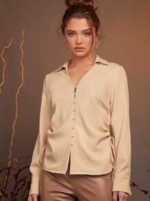 SHEIN Solid Drawstring Side Shirt - Apricot - View 3