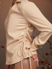 SHEIN Solid Drawstring Side Shirt - Apricot - View 4