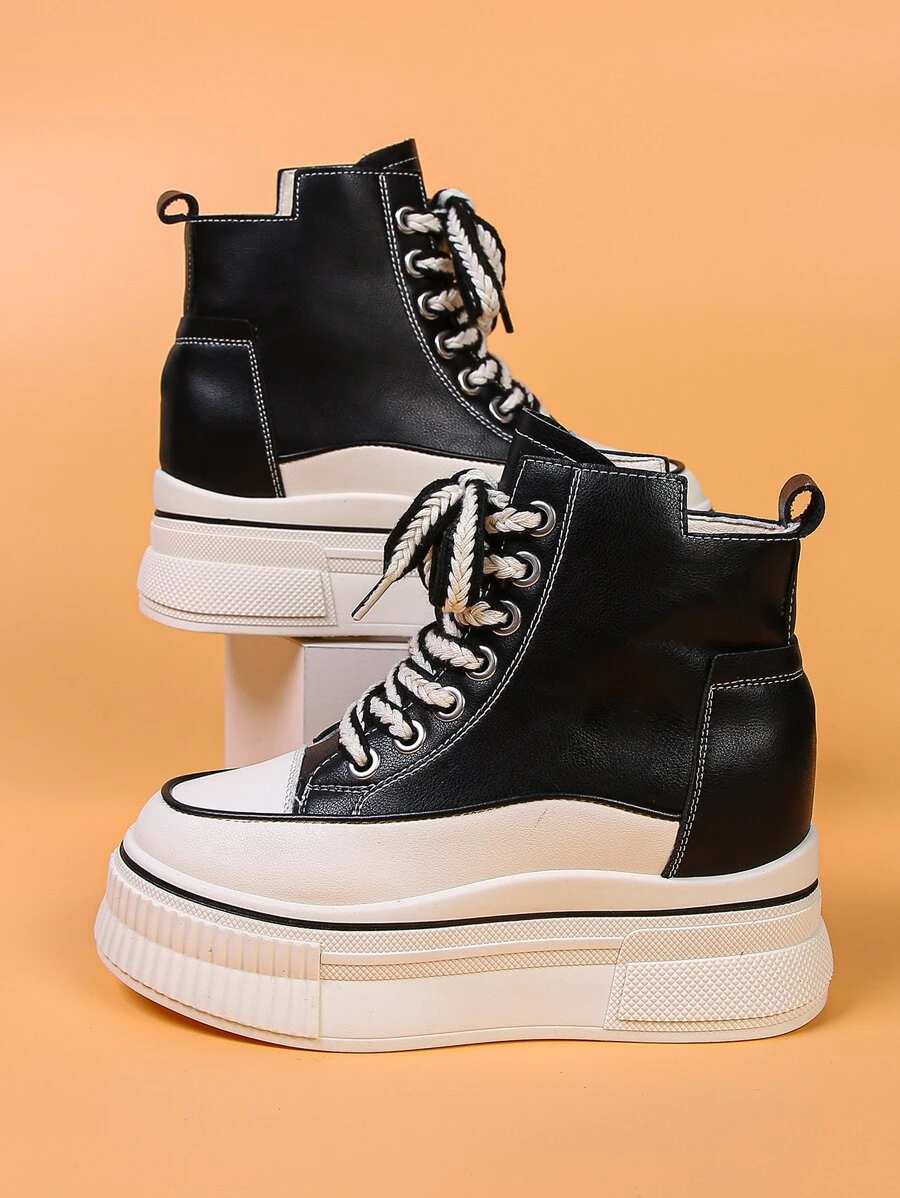 Two Tone Lace-up Front Wedge Sneakers - Black - View 1