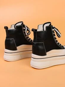 Two Tone Lace-up Front Wedge Sneakers - Black - View 2