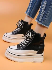 Two Tone Lace-up Front Wedge Sneakers - Black - View 3