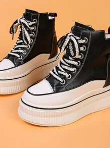 Two Tone Lace-up Front Wedge Sneakers - Black - View 4