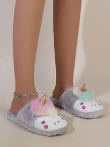 Embroidered Detail Unicorn Design Fuzzy Novelty Slippers - Grey - View 1