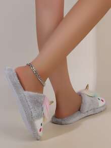 Embroidered Detail Unicorn Design Fuzzy Novelty Slippers - Grey - View 3
