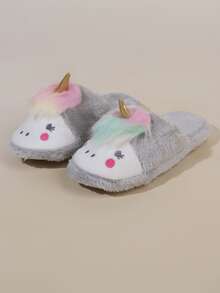 Embroidered Detail Unicorn Design Fuzzy Novelty Slippers - Grey - View 4