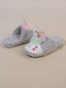 Embroidered Detail Unicorn Design Fuzzy Novelty Slippers - Grey - View 5