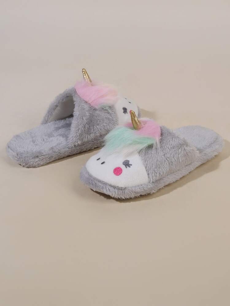 Zapatillas de peluche con diseño con bordado con diseño de unicornio de peluche - Gris - Añade 5