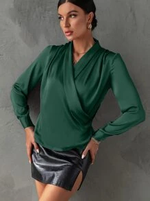 SHEIN Privé Surplice Neck Satin Shirt - Dark Green - View 4