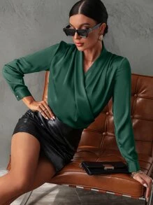 SHEIN Privé Surplice Neck Satin Shirt - Dark Green - View 5
