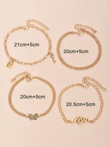 4入組海灘度假主題鎖匙、鎖頭、鑽石、蝴蝶、蛇鏈足鍊套裝,適合女性日常穿著 - 金黃色 - 查看 4