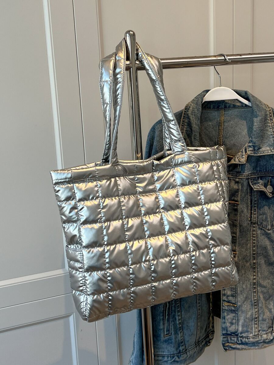 Metallic Quilted Shoulder Tote Bag - Silver - View 1