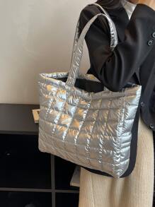 Metallic Quilted Shoulder Tote Bag - Silver - View 2