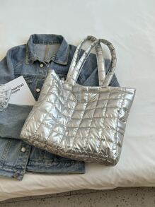Metallic Quilted Shoulder Tote Bag - Silver - View 5