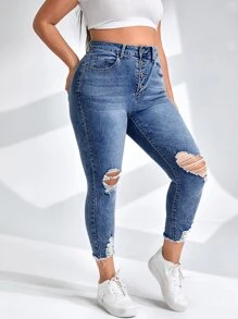 SHEIN Essnce Plus Button Fly Ripped Raw Cut Skinny Jeans