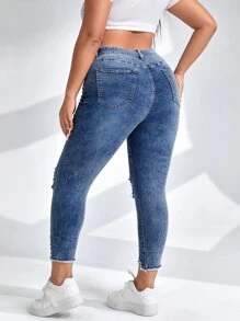 SHEIN Essnce Plus Button Fly Ripped Raw Cut Skinny Jeans