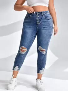 SHEIN Essnce Plus Button Fly Ripped Raw Cut Skinny Jeans
