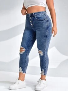 SHEIN Essnce Plus Button Fly Ripped Raw Cut Skinny Jeans