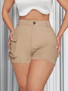 SHEIN SXY 夏季高腰側翻袋卡其色短褲 - 杏色 - 查看 2