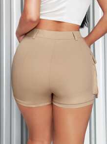 SHEIN SXY 夏季高腰側翻袋卡其色短褲 - 杏色 - 查看 6