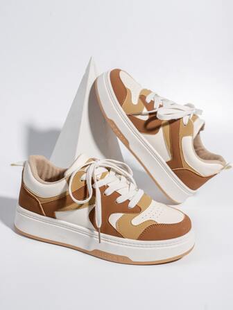 撞色前綁帶板鞋,棕色學院風撞色運動鞋