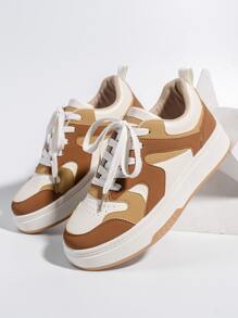 撞色前綁帶板鞋,棕色學院風撞色運動鞋 - 棕色 - 查看 3