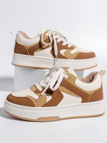 撞色前綁帶板鞋,棕色學院風撞色運動鞋 - 棕色 - 查看 4