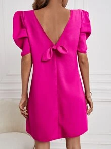 SHEIN Clasi 素色泡泡袖連衣裙 - 玫紅色 - 查看 2